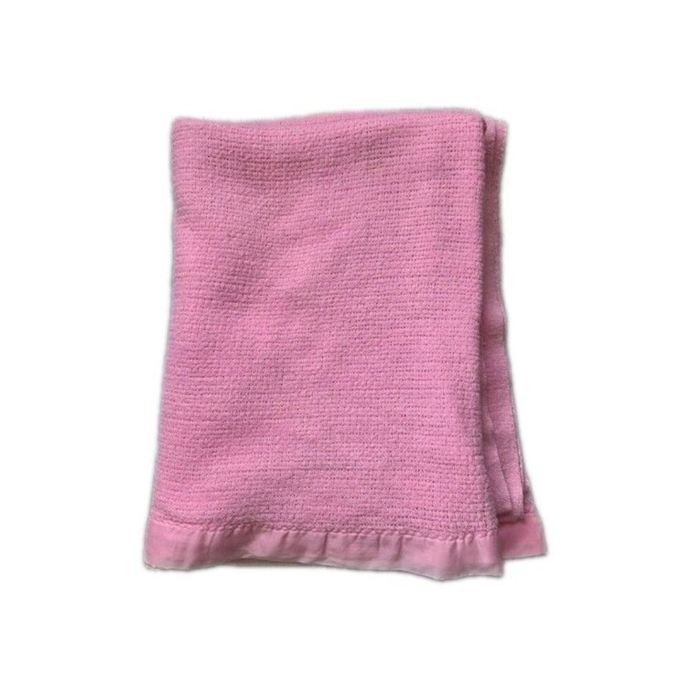 Vintage Pink Acrylic Waffle Weave Blanket Satin Trim 76x60 Twin Retro GUC